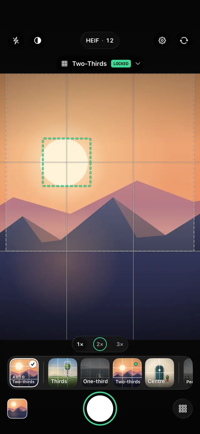 Camera Grid diante de uma paisagem, com o alvo desenhado sobre o visor